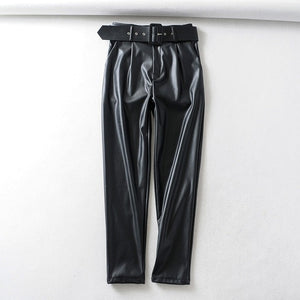 TANGADA Women Black Faux Leather Suit Pants