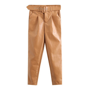 TANGADA Women Black Faux Leather Suit Pants