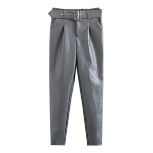 TANGADA Women Black Faux Leather Suit Pants