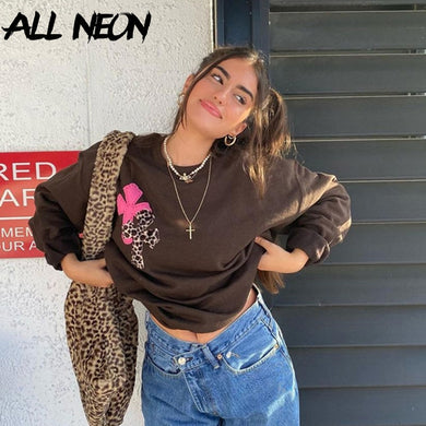 ALLNeon Women 90s Aesthetics Leopard Print Oversized Brown Pullover