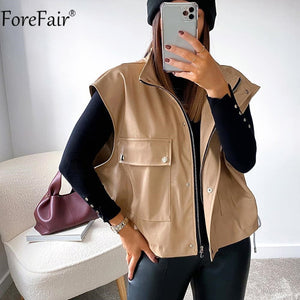 FOREFAIR Women Sleeveless Pu Leather Jacket
