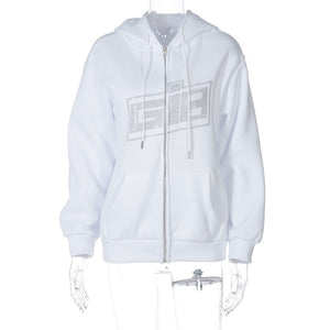 ALLNeon Y2K Rhinestone Zipper Oversized Hoodie