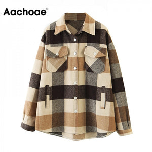 AACHOAE Women Loose Casual Wool Plaid Jacket