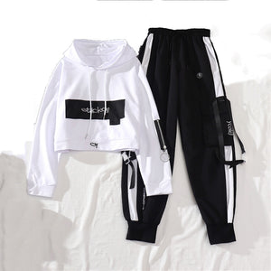 HWLZLTZHT Women 2 Piece Long Sleeve Crop Top With High Waist Cargo Pants
