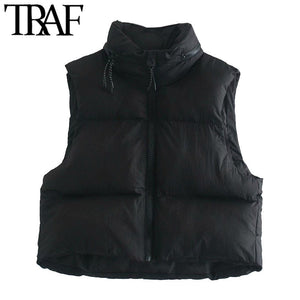 TRAF Women Cropped Padded Vintage Sleeveless Zip-Up Vest
