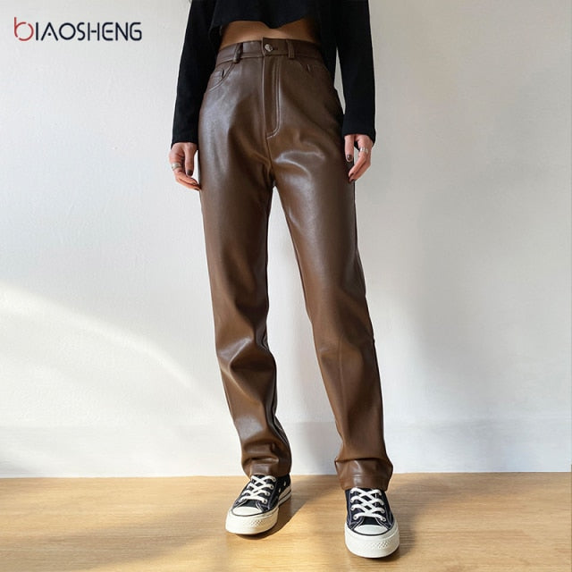 BIAO SHENG Women Vintage High Waist Faux PU Leather Pants