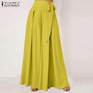 ZANZEA Women Wide Leg High Waist Pleated Long Pants