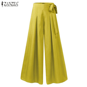 ZANZEA Women Wide Leg High Waist Pleated Long Pants