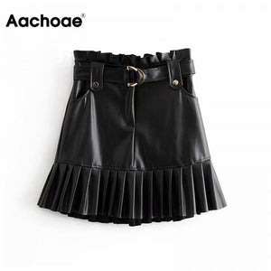 AACHOAE Women Black PU Leather Skirt with Belt