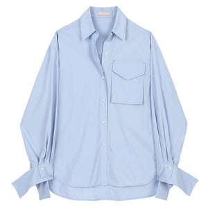 [EAM] Women Big Size Pocket Irregular Blue Long Sleeve Shirt