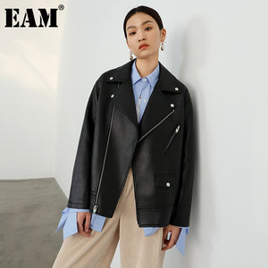 [EAM] Women Casual Loose Fit Pu Leather Jacket