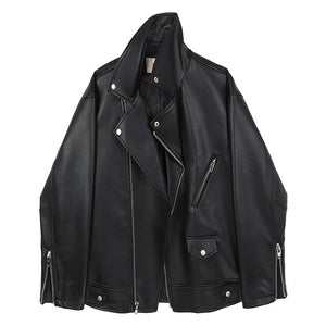 [EAM] Women Casual Loose Fit Pu Leather Jacket