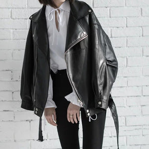[EAM] Women Loose PU Leather Jacket