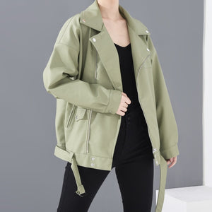 [EAM] Women Loose PU Leather Jacket