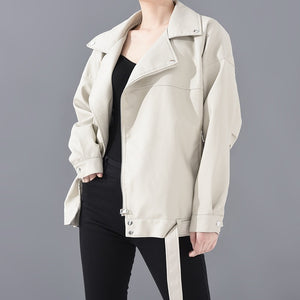 [EAM] Women Loose PU Leather Jacket
