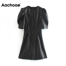 Load image into Gallery viewer, AACHOAE Women O-Neck Faux Leather Dress