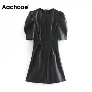 AACHOAE Women O-Neck Faux Leather Dress