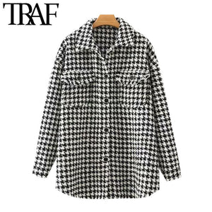 TRAF Women Oversized Houndstooth Frayed Tweed Coat