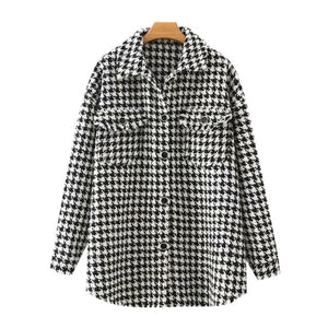 TRAF Women Oversized Houndstooth Frayed Tweed Coat