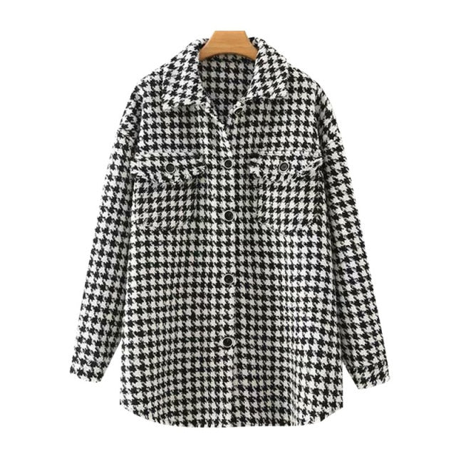 TRAF Women Oversized Houndstooth Frayed Tweed Coat