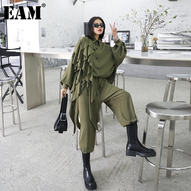 [EAM] Women Wide Leg Ruffle Two Piece Suit