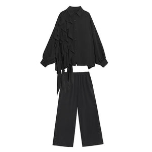 [EAM] Women Wide Leg Ruffle Two Piece Suit