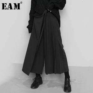 [EAM] Women High Elastic Waist Black Pleated Split Wide Leg Trousers