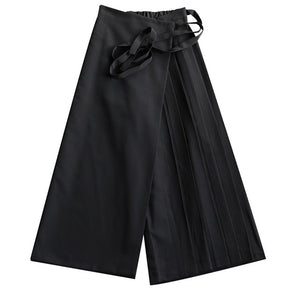 [EAM] Women High Elastic Waist Black Pleated Split Wide Leg Trousers