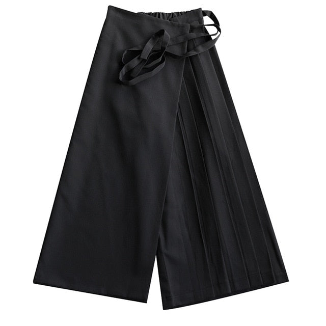 [EAM] Women High Elastic Waist Black Pleated Split Wide Leg Trousers