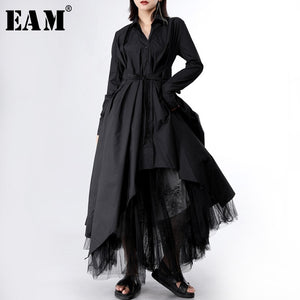 [EAM] Women Long Sleeve Button Irregular Shirt Dress