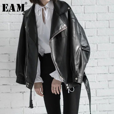 [EAM] Women Loose PU Leather Jacket