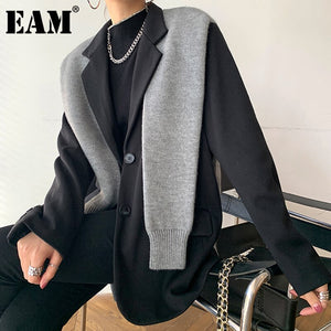 [EAM] Women Knitted Shawl Spliced Blazer Jacket