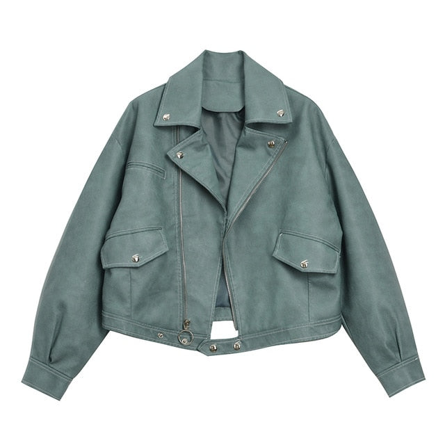 [EAM] Women Loose Fit Green Pu Leather Split Joint Short Jacket