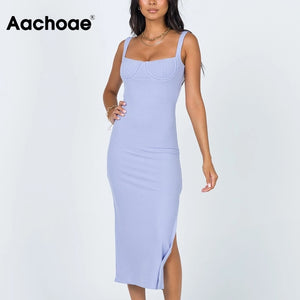 AACHOAE Women Knitted Spaghetti Strap Casual Dress