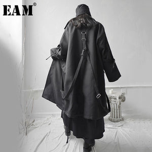 [EAM] Women Loose Fit Black Buckle Asymmetrical Long Jacket
