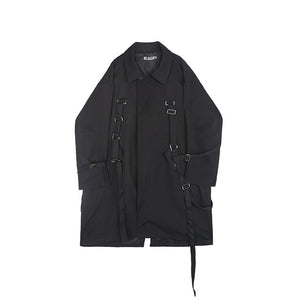 [EAM] Women Loose Fit Black Buckle Asymmetrical Long Jacket
