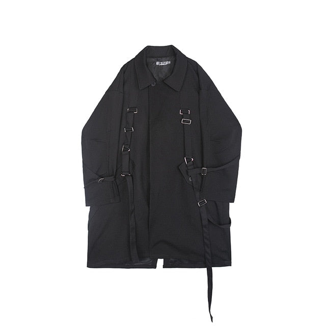 [EAM] Women Loose Fit Black Buckle Asymmetrical Long Jacket