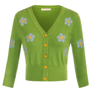 Women Vintage Cherries Embroidery V-Neck Cropped Sweater