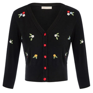 Women Vintage Cherries Embroidery V-Neck Cropped Sweater