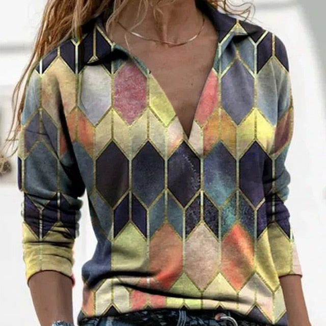 UMEKO Women Vintage Rhombus Print Shirt