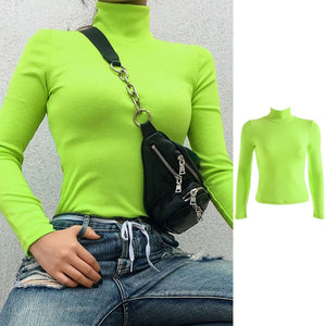Women Long Sleeve Turtleneck Ribbed Knitted Sweater