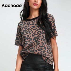 AACHOAE Women Leopard Print O-Neck Short Sleeve Top