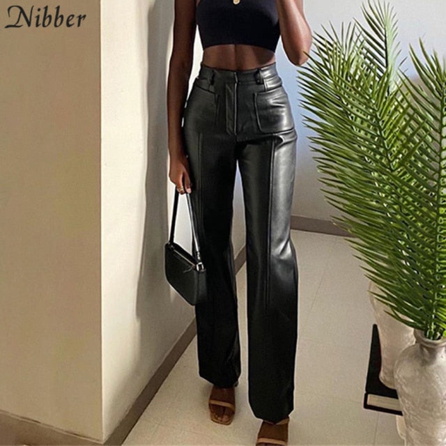 NIBBER Women Straight Faux PU Leather Pants
