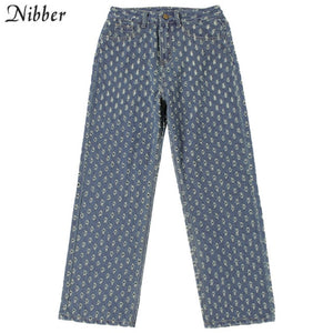 NIBBER Women Knitted Plaid Hollow Out Pants