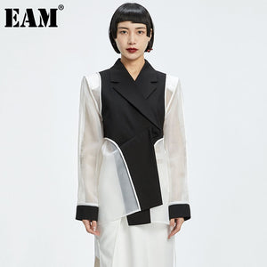 [EAM] Women Black Spliced Mesh Sleeves Asymmetrical Blazer
