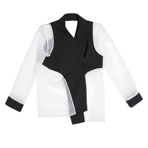 [EAM] Women Black Spliced Mesh Sleeves Asymmetrical Blazer