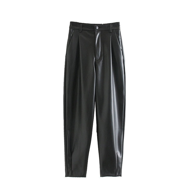 Women High Waist Black Faux Leather Pants