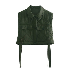 TRAF Women Green Quilting Cropped Vest
