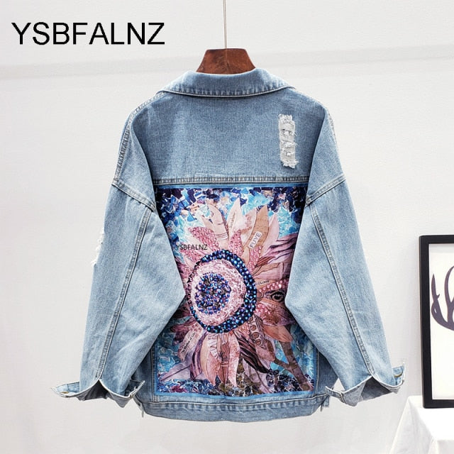 YSBFALNZ Women Cartoon Print Denim Jacket