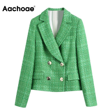 AACHOAE Women Plaid Tweed Double Breasted Blazer Coat